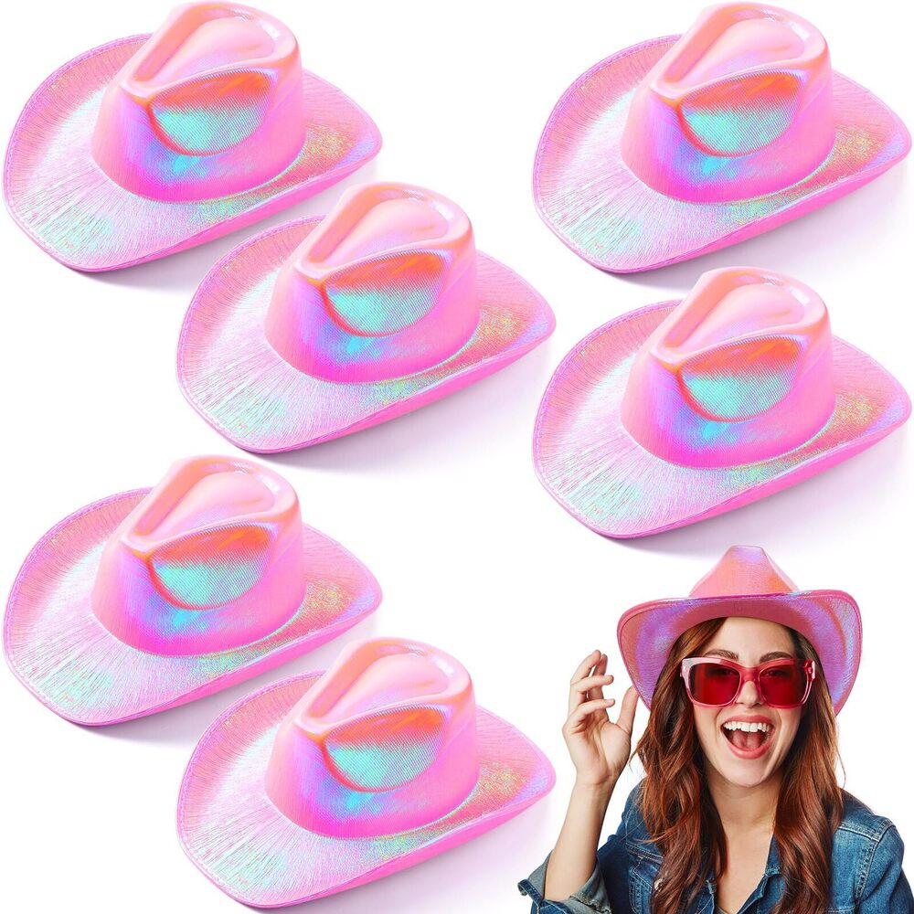 7458 6 Pcs Holographic Pink Cowboy Hats Neon Sparkly Space Cowgirl
